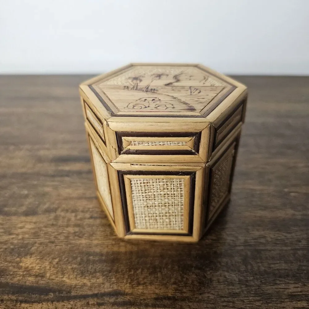 Small Vintage Woven Bamboo Hexagon Box Pyrography Red Velvet